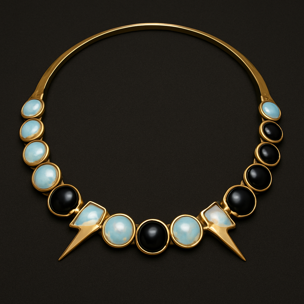 Opalite and onyx collar with a gold lightening strikes