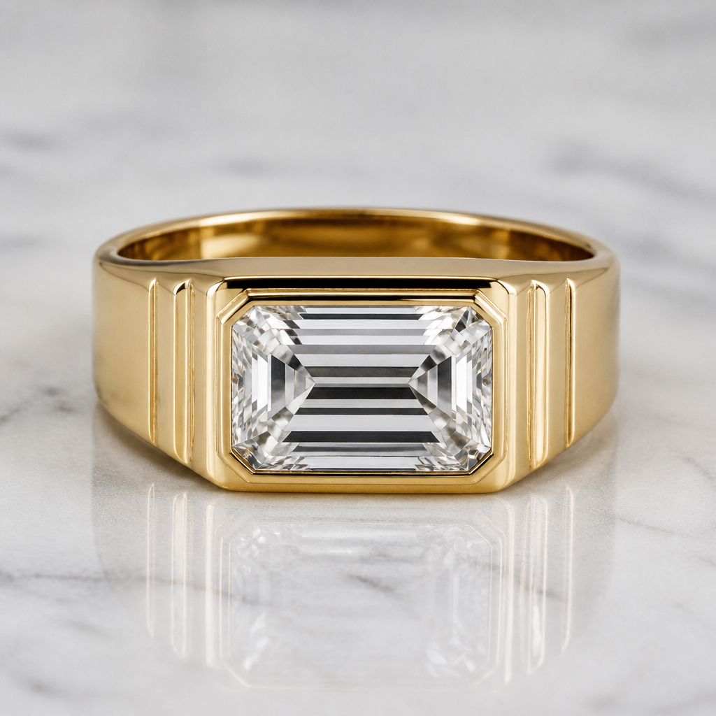 3ct emerald cut signet style ring set east west in a bezel. Use lines north south down the shank
photorealistic jewelry design, 3ct emerald cut signet style ring set east west in a bezel. Use lines north south down the shank
, just the design no text