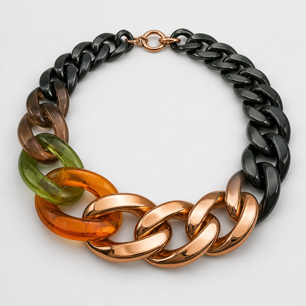 A women's necklace. create a chunky Cuban links style plastic necklace that is graduated and exaggerated in the first three links of translucent colors with the back part being black and the front copper
photorealistic jewelry design, A women's necklace. create a chunky Cuban links style plastic necklace that is graduated and exaggerated in the first three links of translucent colors with the back part being black and the front copper, modern style, just the design no text