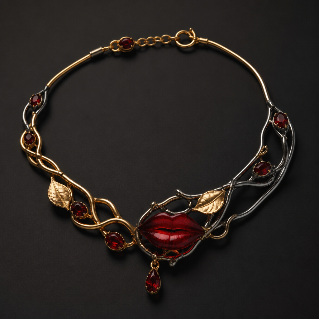 A women's necklace made of mixed metal. mira tengo que presentar una colección de joyas inspiradas en una emocion la cual es la lujuria quiero un collar inspirado con lujuria que tenga rojo y todo lo que representa la emocion lujuria
photorealistic jewelry design, A women's necklace made of mixed metal. mira tengo que presentar una colección de joyas inspiradas en una emocion la cual es la lujuria quiero un collar inspirado con lujuria que tenga rojo y todo lo que representa la emocion lujuria, modern style, just the design no text