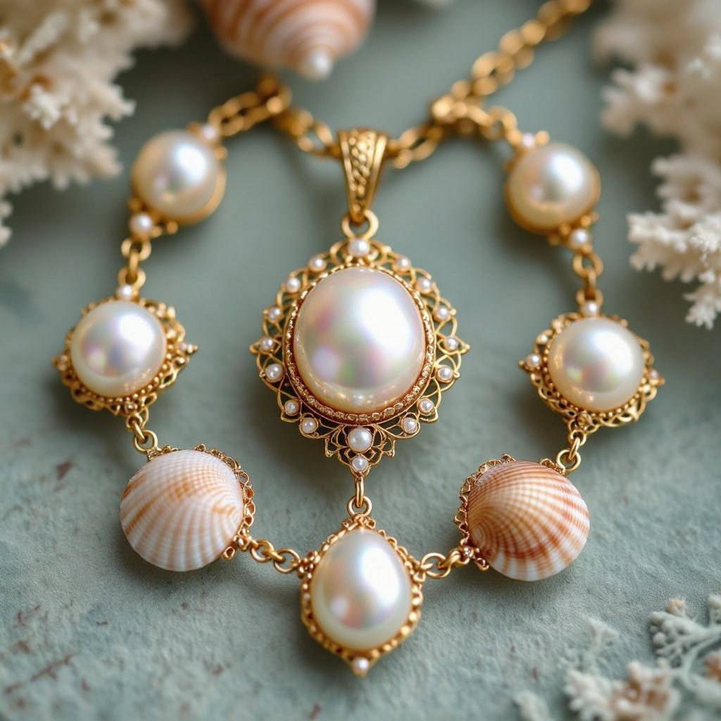 Sea inspired jewelry set, with small shells and golden details