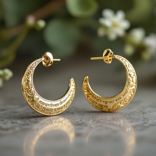 Серьги золотые в форме тонкого изящного полумесяца, полукруг как продолжение застежки, на полукруге надписи мантрами на санскрите