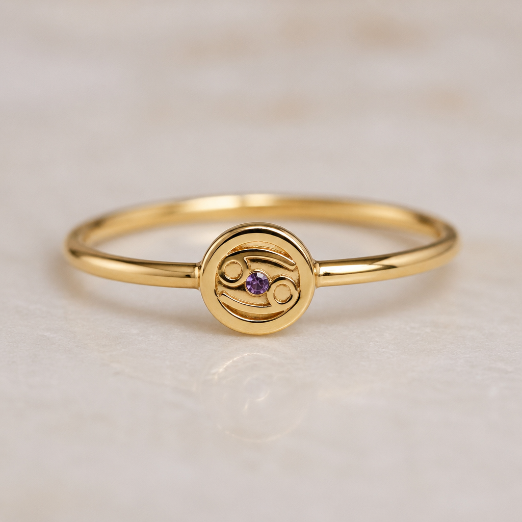 A minimalist women's ring made of gold with amethyst stones suitable for daily wear. um anel com fio dourado, ouro, no centro um circulo pequeno cheio, cravado em si o signo de cancer contendo no seu centro um estilhaço pequeno de Amethyst. um anel elegante, discreto, com um toque de charme e delicado
photorealistic jewelry design, A minimalist women's ring made of gold with amethyst stones suitable for daily wear. um anel com fio dourado, ouro, no centro um circulo pequeno cheio, cravado em si o signo de cancer contendo no seu centro um estilhaço pequeno de Amethyst. um anel elegante, discreto, com um toque de charme e delicado, minimalist style, just the design no text