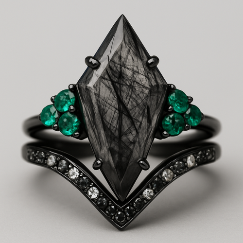 Black band, long kite cut rutilated black quartz, emerald accent stones 3 on each side in a cluster, add a wedding band that curves around main stone with black and white stones