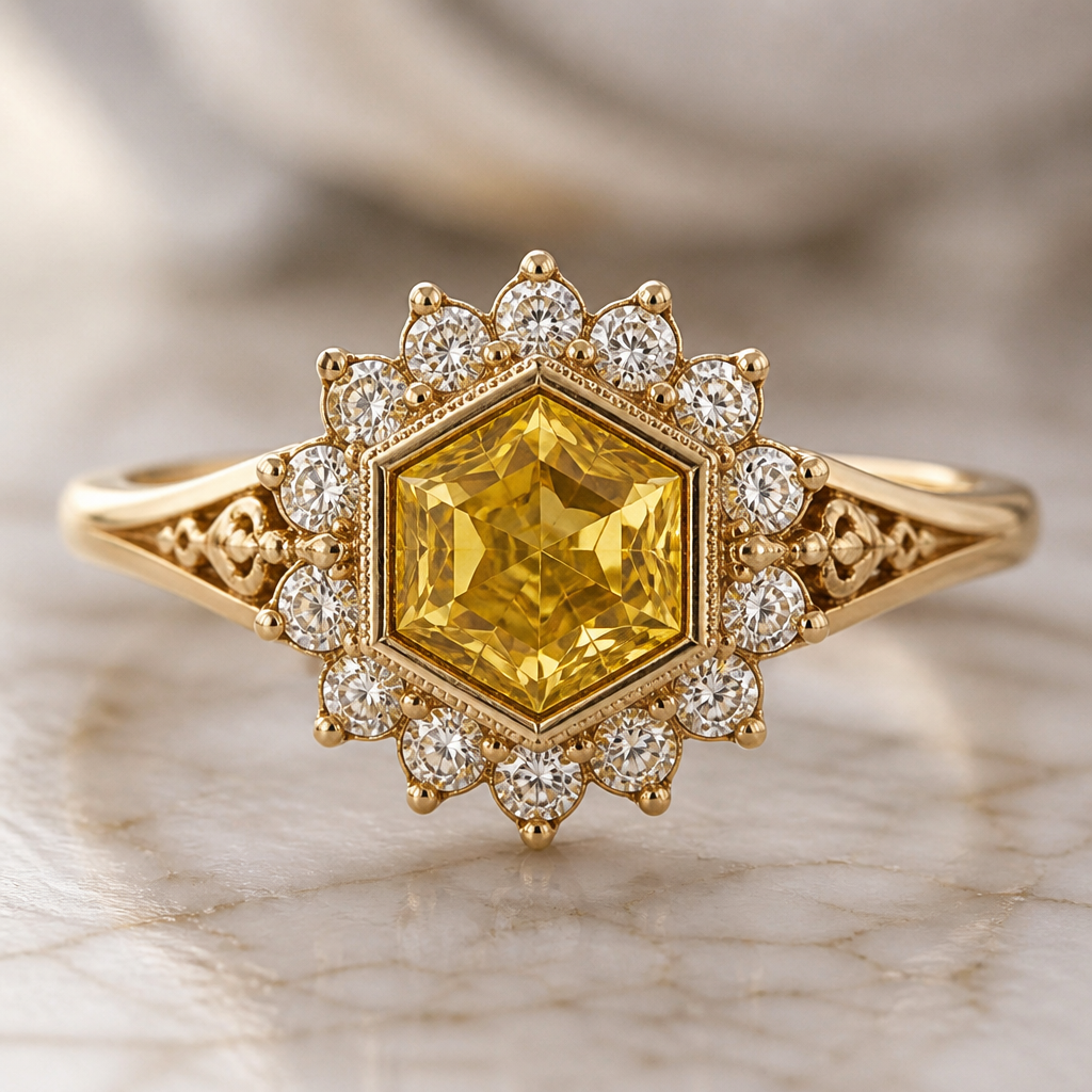 A vintage women's ring. dije con una gema hexagonal color amarillo con diamantes alredeor
photorealistic jewelry design, A vintage women's ring. dije con una gema hexagonal color amarillo con diamantes alredeor, vintage style, just the design no text