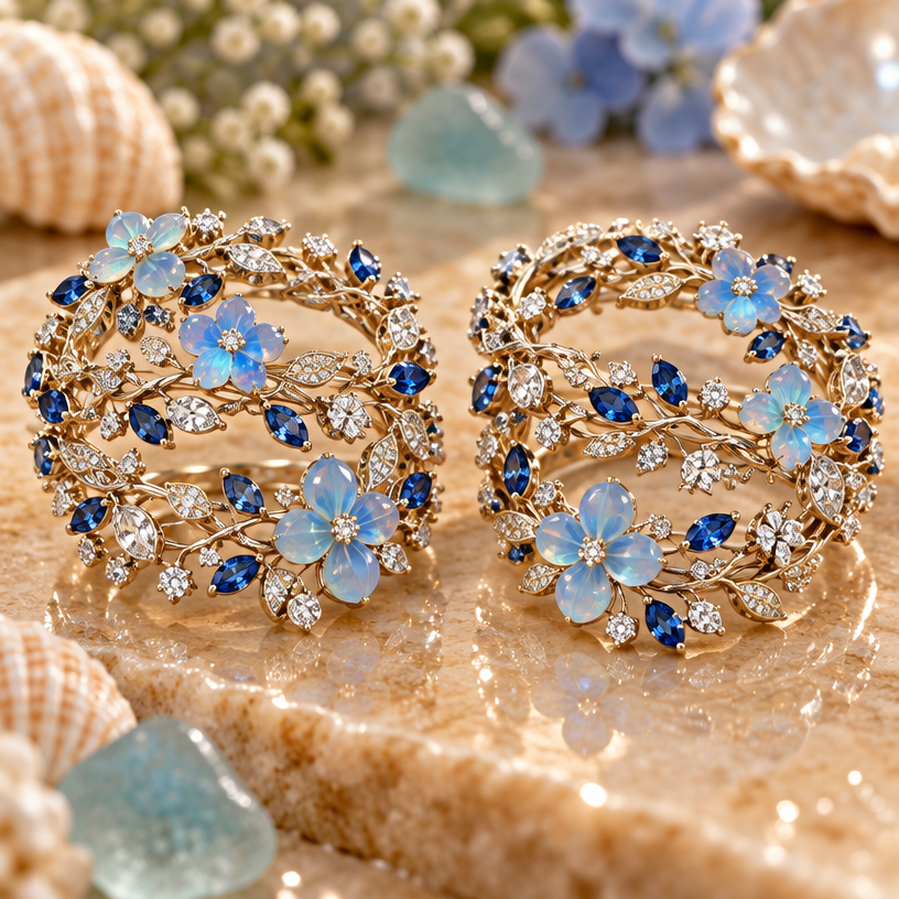 A nature-inspired women's bracelet made of gold with sapphire and opal and diamond stones, highly ornate, intricate and elaborate, richly detailed. * 6 DELICATE VINE HAND CHAINS / WRAP BRACELETS (TWO PIECES)
Step by Step Process:
* Flexible silver tendrils with natural flow.
* Set sea glass flower cabochons and marquise diamonds.
* Add round diamonds for sparkle.
* Final polish and quality check.
Product Specifications:
* Design: Whimsical, flexible wrap.
* Gemstones: Translucent pastel-blue sea glass flowers, round diamonds.
* Metal: Platinum / White gold with pavé diamonds.
using the attached image as a visual reference, create A nature-inspired women's bracelet made of gold with sapphire and opal and diamond stones, highly ornate, intricate and elaborate, richly detailed. * 6 DELICATE VINE HAND CHAINS / WRAP BRACELETS (TWO PIECES)
Step by Step Process:
* Flexible silver tendrils with natural flow.
* Set sea glass flower cabochons and marquise diamonds.
* Add round diamonds for sparkle.
* Final polish and quality check.
Product Specifications:
* Design: Whimsical, flexible wrap.
* Gemstones: Translucent pastel-blue sea glass flowers, round diamonds.
* Metal: Platinum / White gold with pavé diamonds.. photorealistic, just the design no text