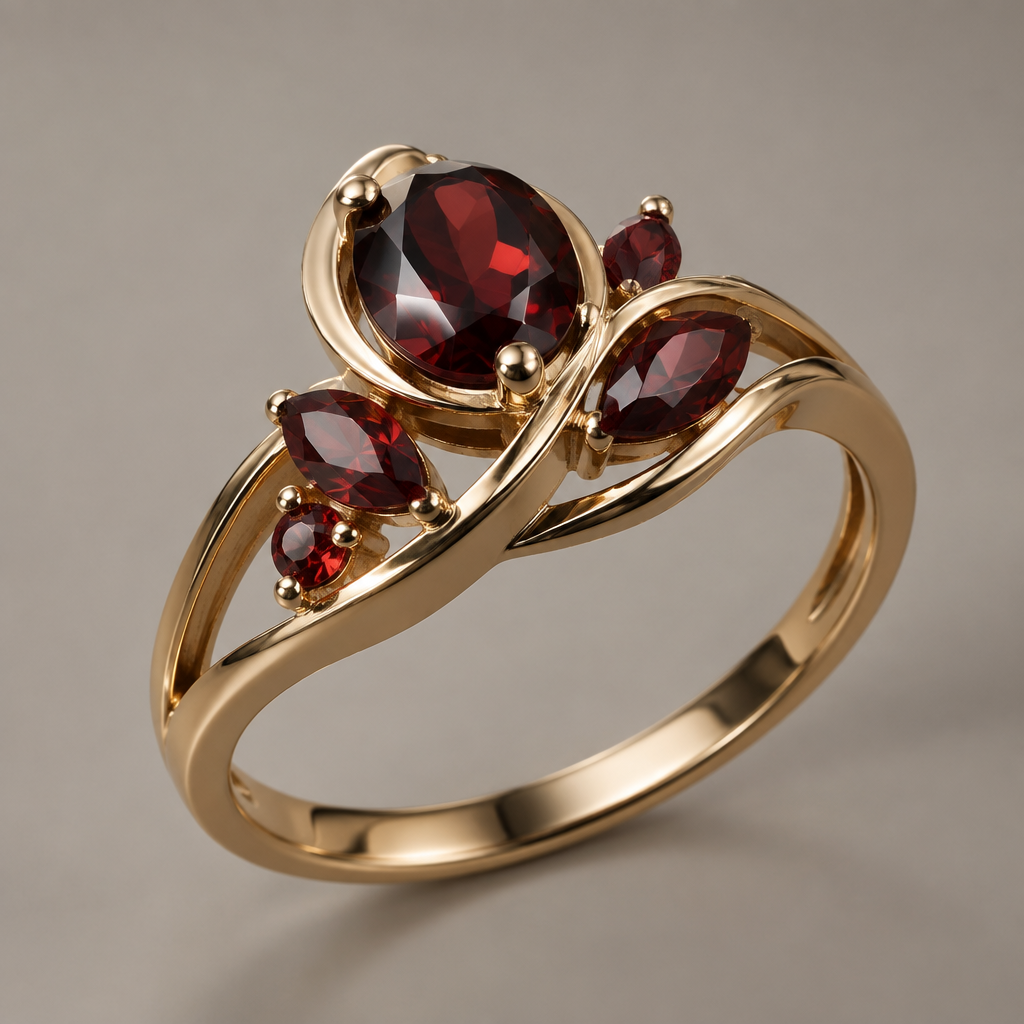 A women's ring made of gold with garnet stones
photorealistic jewelry design, A women's ring made of gold with garnet stones, modern style, just the design no text