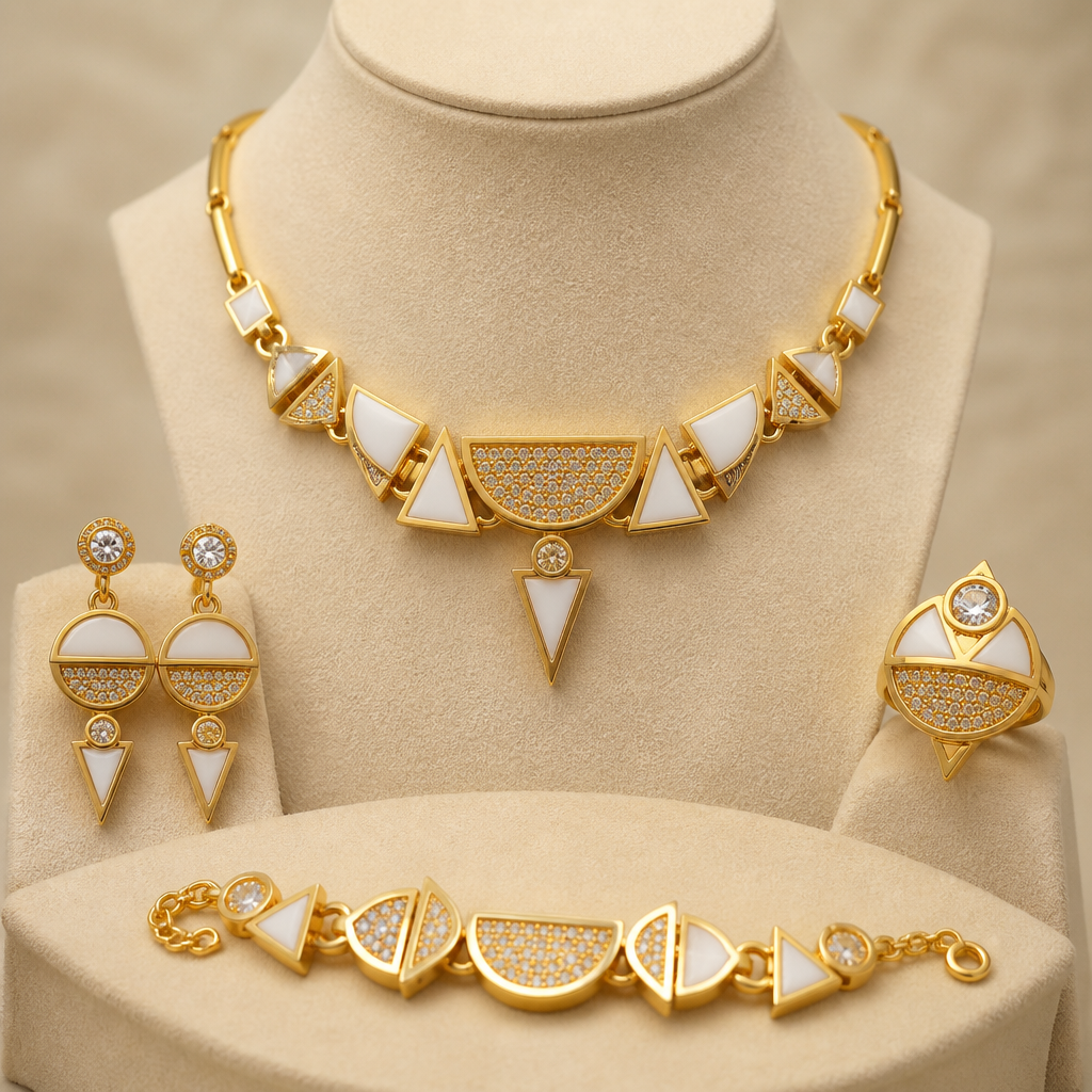 Prompt: A luxurious 21k yellow gold full jewelry set including a necklace, bracelet, ring, and earrings. The design features a modern geometric concept combining sharp geometric shapes with elegant semicircles. Embedded with brilliant, clean white ornamental gemstones and delicate white jade. Premium craftsmanship, warm rich gold tone, displayed on a minimalist beige velvet bust, professional jewelry photography, macro shot, soft studio lighting, high-end catalog style, 8k resolution. --ar 4:3 --v 6.0
photorealistic jewelry design, Prompt: A luxurious 21k yellow gold full jewelry set including a necklace, bracelet, ring, and earrings. The design features a modern geometric concept combining sharp geometric shapes with elegant semicircles. Embedded with brilliant, clean white ornamental gemstones and delicate white jade. Premium craftsmanship, warm rich gold tone, displayed on a minimalist beige velvet bust, professional jewelry photography, macro shot, soft studio lighting, high-end catalog style, 8k resolution. --ar 4:3 --v 6.0, african style, just the design no text