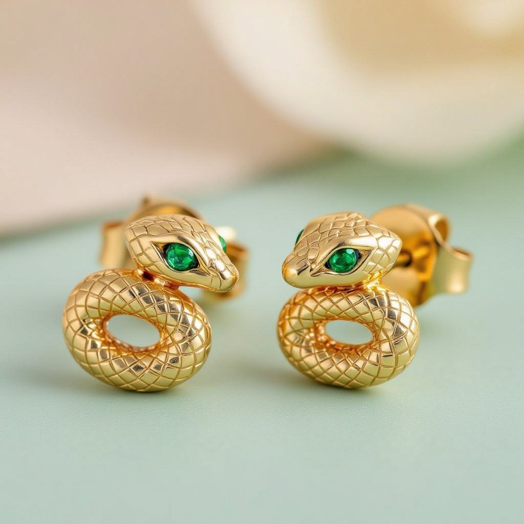 Небольшие золотые матовые серьги в виде символической змеи