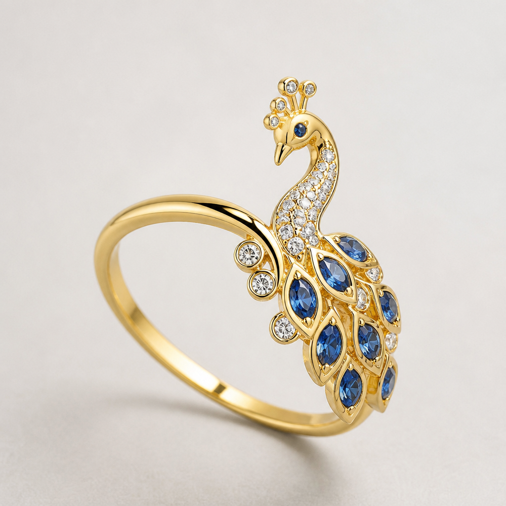 A minimalist women's ring made of gold with diamond stones suitable for gift. A peacock wrapping its feathers around the finger, with blue-colored diamonds.
photorealistic jewelry design, A minimalist women's ring made of gold with diamond stones suitable for gift. A peacock wrapping its feathers around the finger, with blue-colored diamonds., minimalist style, just the design no text