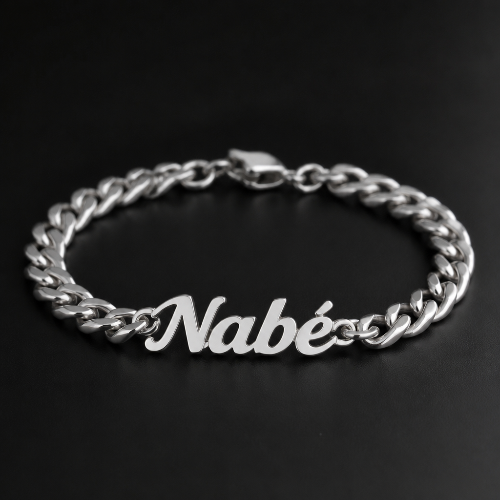Un bracelet en argent avec le nom Nabé c’est pour mon gars mais ne met pas le de symbole juste le nom Nabé
photorealistic jewelry design, Un bracelet en argent avec le nom Nabé c’est pour mon gars mais ne met pas le de symbole juste le nom Nabé , just the design no text
