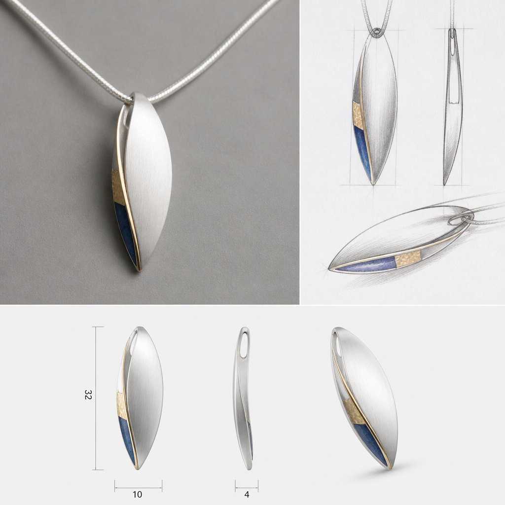 A avant-garde women's pendant made of silver with sapphire stones, ultra-minimalist, very simple and clean, understated, no embellishments. "photorealistic jewelry design, A scandinavian women's pendant made of silver suitable for daily wear, minimalist. simple and delicate, clean lines. simplistic form minimalist brushed silver finish with an accent of gold and a very small section of hammered surface, scandinavian style, with design scketchs and mesurments
photorealistic jewelry design, A avant-garde women's pendant made of silver with sapphire stones, ultra-minimalist, very simple and clean, understated, no embellishments. "photorealistic jewelry design, A scandinavian women's pendant made of silver suitable for daily wear, minimalist. simple and delicate, clean lines. simplistic form minimalist brushed silver finish with an accent of gold and a very small section of hammered surface, scandinavian style, with design scketchs and mesurments, avant_garde style, just the design no text