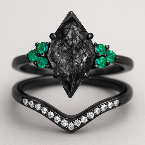 Black band, long kite cut rutilated black quartz upside down, emerald accent stones 3 on each side in a cluster, add a wedding band that curves around main stone with black and white stones