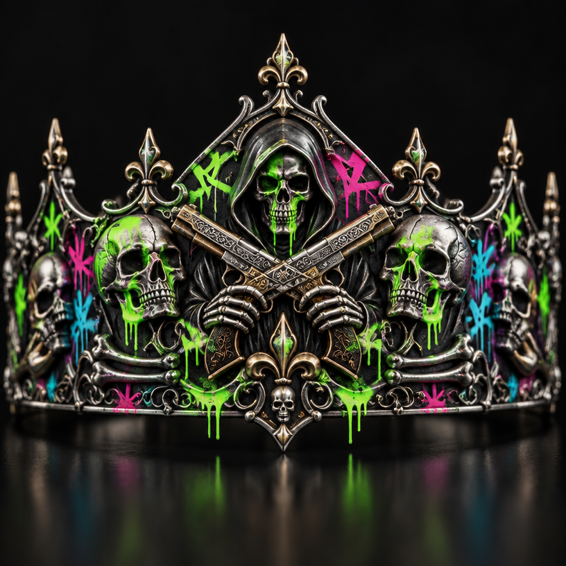 A gothic men's tiara made of mixed metal suitable for formal. a reaper with skeletonswith neon graffiti around the skull and pistols crossing "the family " written in old english
using the attached image as a visual reference, create A gothic men's tiara made of mixed metal suitable for formal. a reaper with skeletonswith neon graffiti around the skull and pistols crossing "the family " written in old english. photorealistic, just the design no text