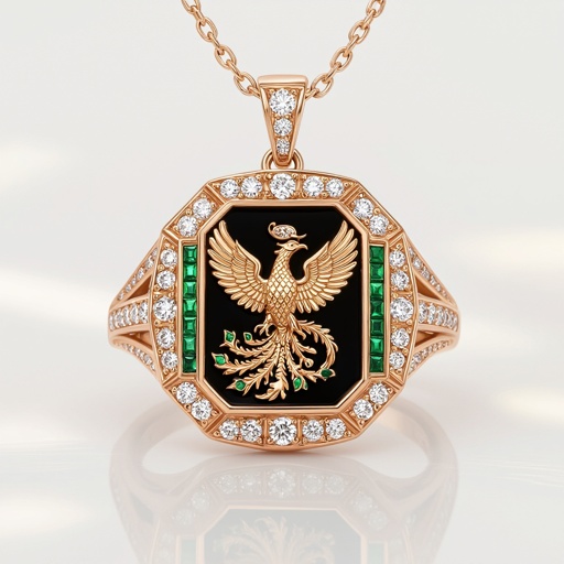 Pendant Geomatric rose gold and A platinum signet ring with phoenix printed on it for women Design a luxurious platinum signet ring that embodies the elegance of Art Deco style, featuring a striking phoenix rendered in intricate geometric patterns. Emphasize bold lines and symmetry, with contrasting finishes for depth. Adorn the ring with brilliant-cut diamonds and emeralds, capturing the spirit of rebirth and timeless sophistication. Rose gold geometric ring. Platinum signet ring with a phoenix. Platinum Art Deco signet ring with a phoenix, brilliant-cut diamonds, and emeralds. 