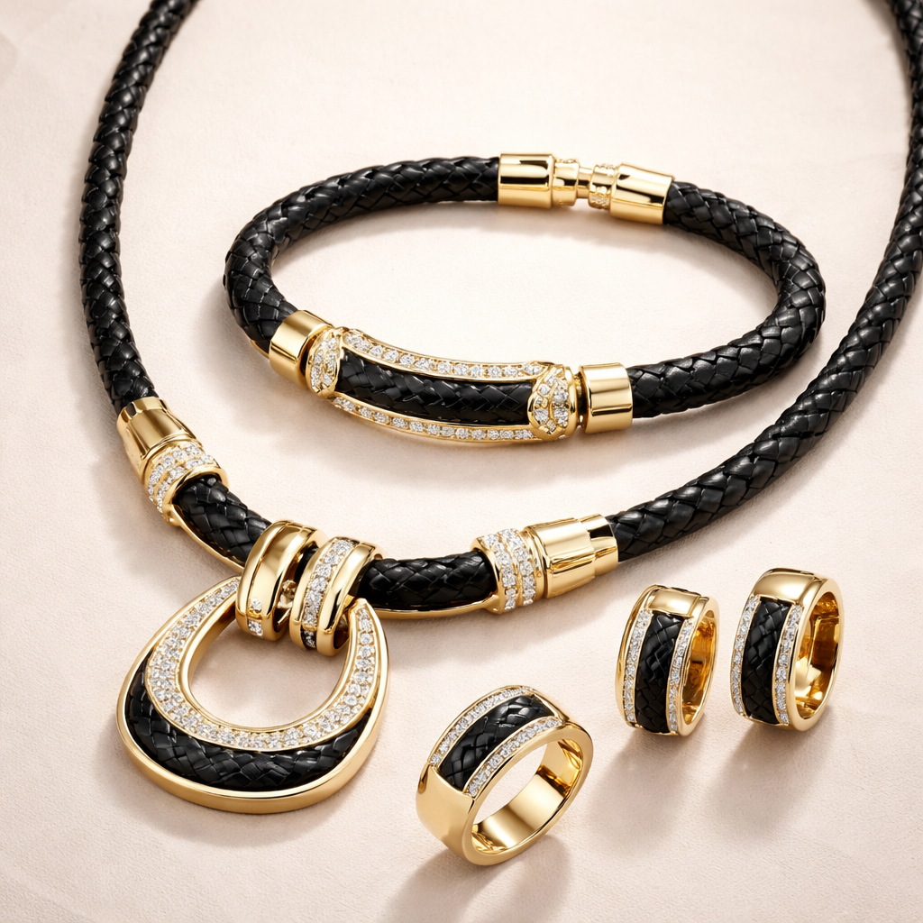 Simple jewelry ensemble with diamonds with leather design , in gold
