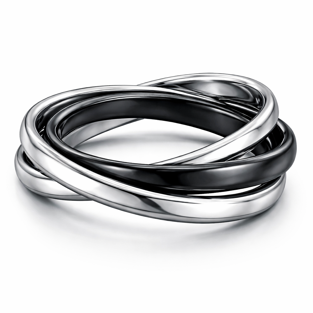 Russian wedding band
Each band is 2.5mm wide
1 black ring
2 silver rings
No shadows