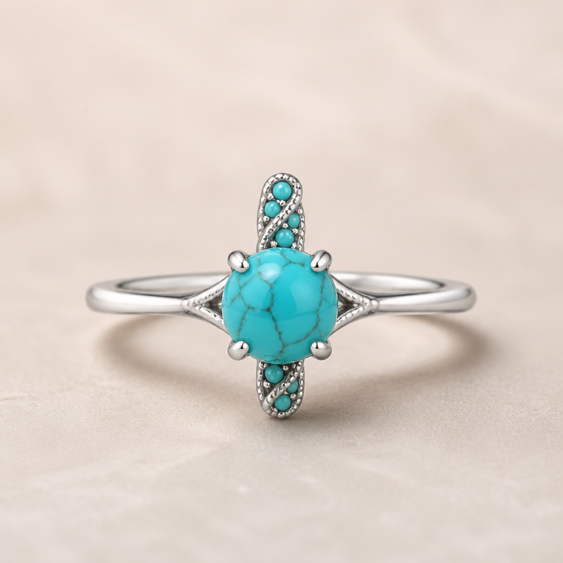 A minimalist women's ring made of silver with turquoise stones suitable for engagement