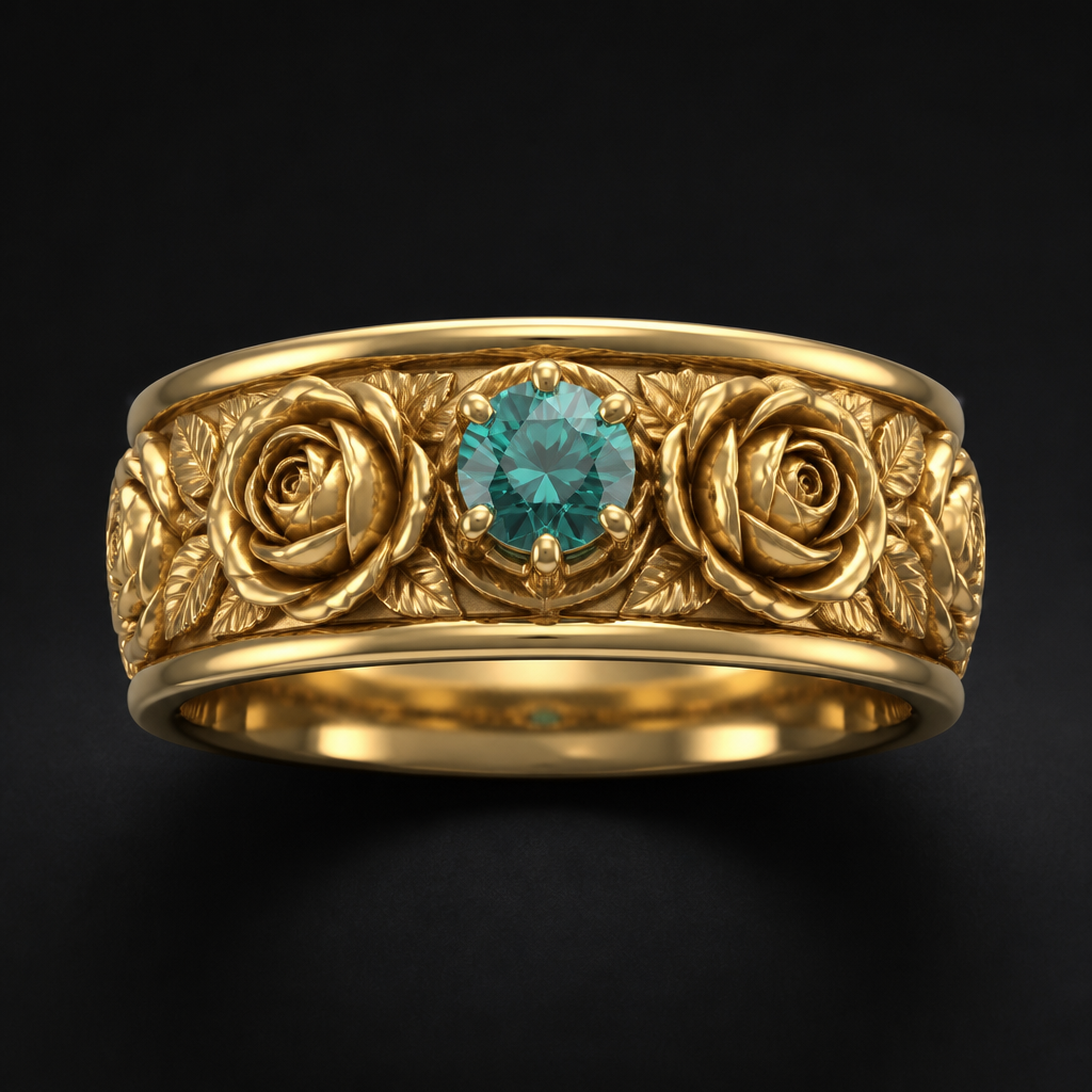 Men ring , 8mm wide , yellow gold with roses design and a center teal diamond
photorealistic jewelry design, Men ring , 8mm wide , yellow gold with roses design and a center teal diamond , renaissance style, just the design no text