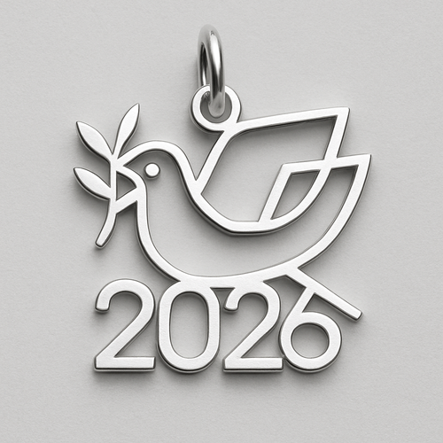 Silver minimal cut-out abstract charm blending together the pigeon of peace hold an olive branch along the year 2026