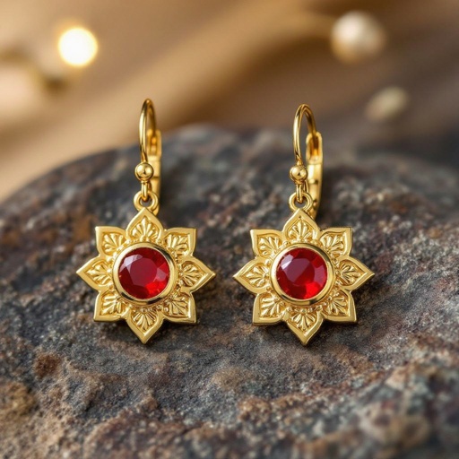  золотые матовые серьги в виде изображения чакры муладхары с красным камнем