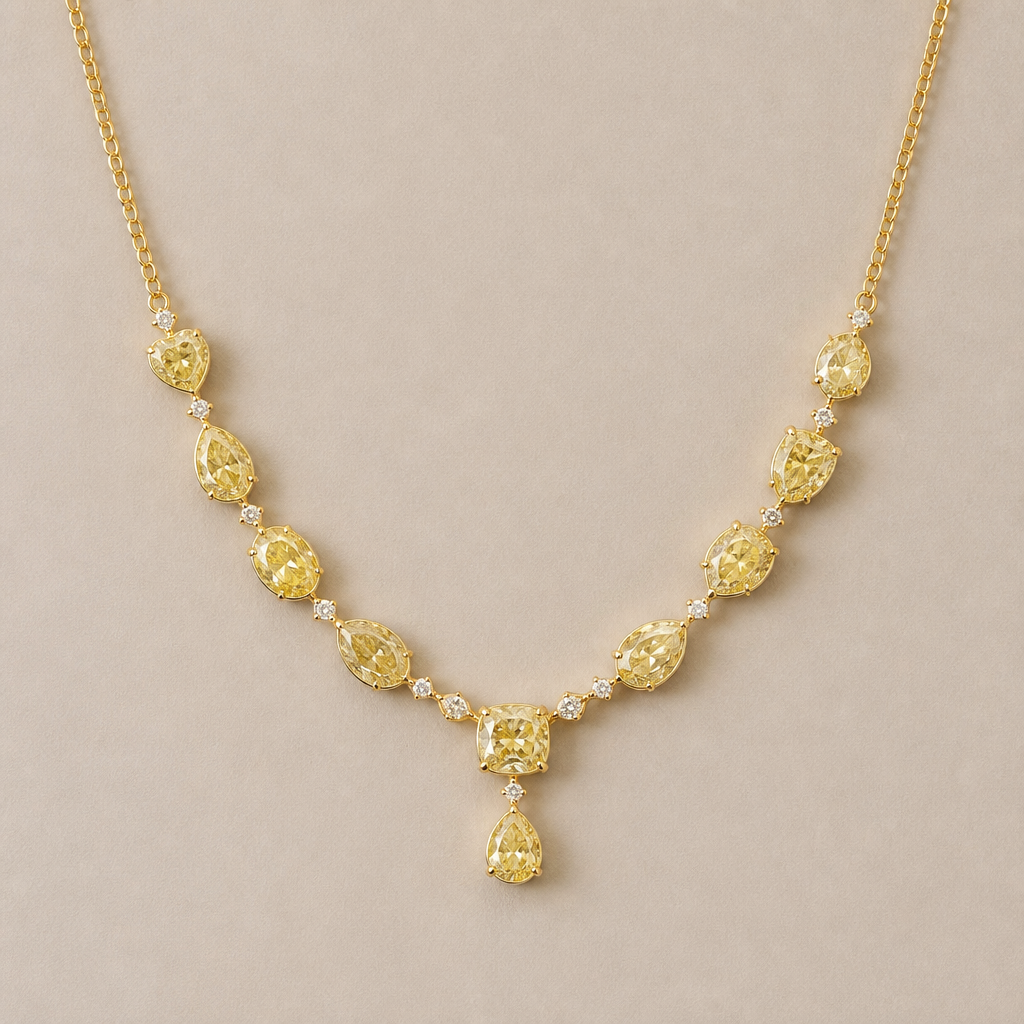A women's necklace made of gold with diamond stones. collier en or 18k avce 15 daimants yellow de différente forme, coussin, poire, cœur et oval
photorealistic jewelry design, A women's necklace made of gold with diamond stones. collier en or 18k avce 15 daimants yellow de différente forme, coussin, poire, cœur et oval, modern style, just the design no text