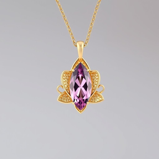 A gold necklace with a pink color gemstone in a marquise cut. The pendant must have the details of the lotus petals.