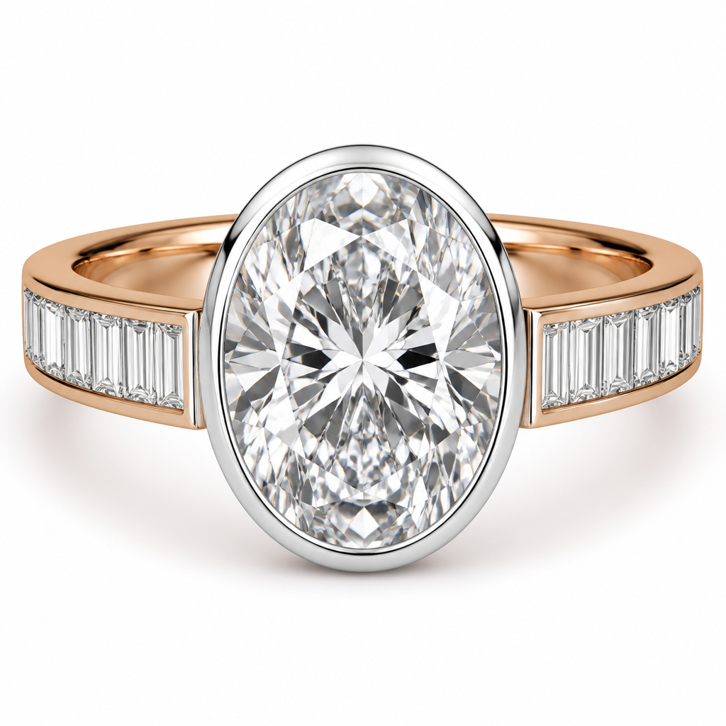 A women's ring, highly ornate, intricate and elaborate, richly detailed. A photorealistic, highly detailed macro photography shot of a luxury two-tone engagement ring on a stark white background. The center stone is a massive, brilliant 10-carat oval cut diamond set securely inside a smooth, sleek platinum full bezel setting. Extending from the sides of the platinum oval bezel is a 14k rose gold band. Embedded seamlessly into the 14k rose gold band are step-cut tapered baguette diamonds in a smooth channel setting, running halfway down the band. Important detail: There is a tiny, perfectly straight vertical platinum metal wall separating the curved center oval bezel from the straight baguette diamonds, allowing the straight stones to sit completely flush against the flat metal spacer without any gaps. Studio lighting, sharp focus, 8k resolution, ray-traced reflections, high-end jewelry catalog style.
photorealistic jewelry design, A women's ring, highly ornate, intricate and elaborate, richly detailed. A photorealistic, highly detailed macro photography shot of a luxury two-tone engagement ring on a stark white background. The center stone is a massive, brilliant 10-carat oval cut diamond set securely inside a smooth, sleek platinum full bezel setting. Extending from the sides of the platinum oval bezel is a 14k rose gold band. Embedded seamlessly into the 14k rose gold band are step-cut tapered baguette diamonds in a smooth channel setting, running halfway down the band. Important detail: There is a tiny, perfectly straight vertical platinum metal wall separating the curved center oval bezel from the straight baguette diamonds, allowing the straight stones to sit completely flush against the flat metal spacer without any gaps. Studio lighting, sharp focus, 8k resolution, ray-traced reflections, high-end jewelry catalog style., modern style, just the design no text