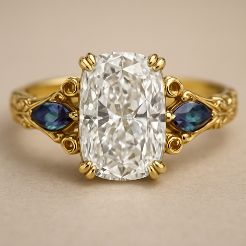 2 carat elongated cushion cut diamond engagement ring with double claw prongs in yellow gold ring with marquise shaped alexandrite side stones 