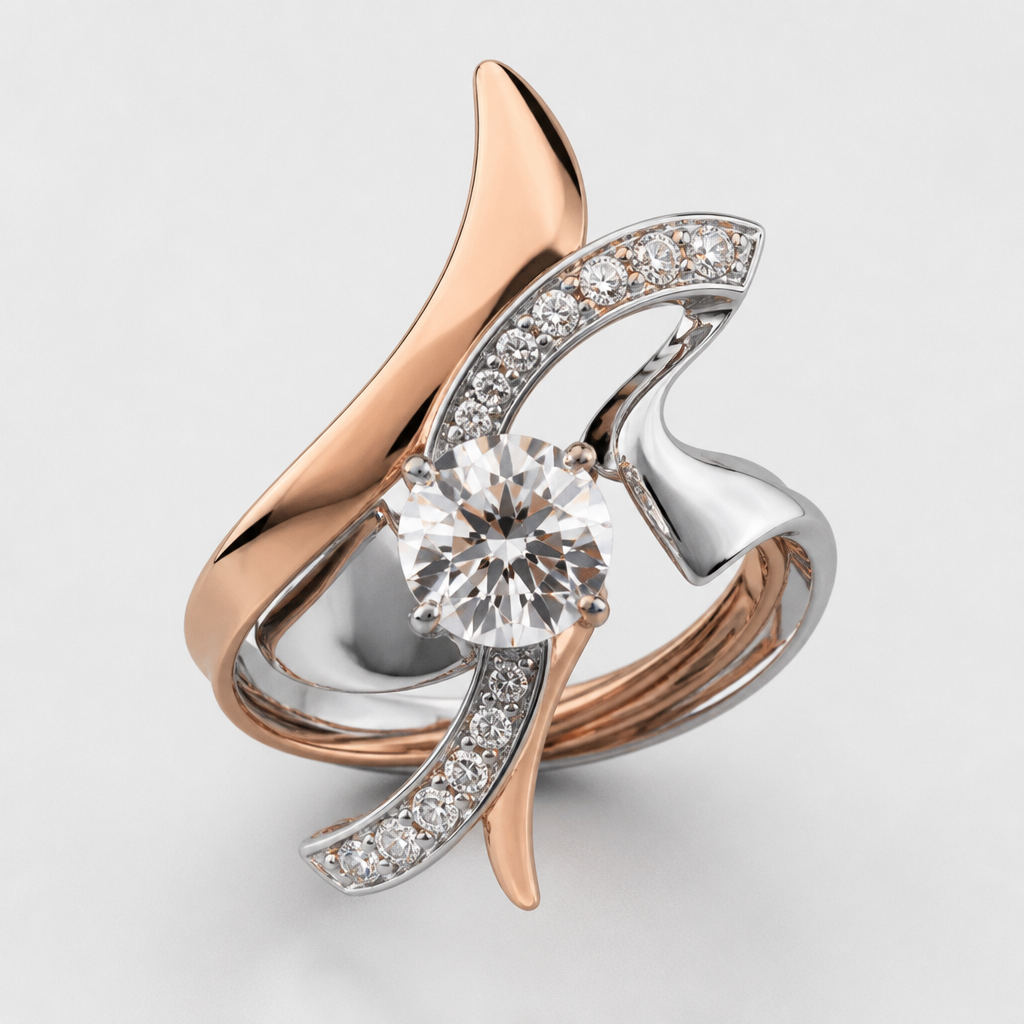 A avant-garde women's ring made of mixed metal with diamond stones suitable for festival. An extraordinary excellent beautiful delicate and elegant solitaire women ring. Face of the ring.
photorealistic jewelry design, A avant-garde women's ring made of mixed metal with diamond stones suitable for festival. An extraordinary excellent beautiful delicate and elegant solitaire women ring. Face of the ring., avant_garde style, just the design no text