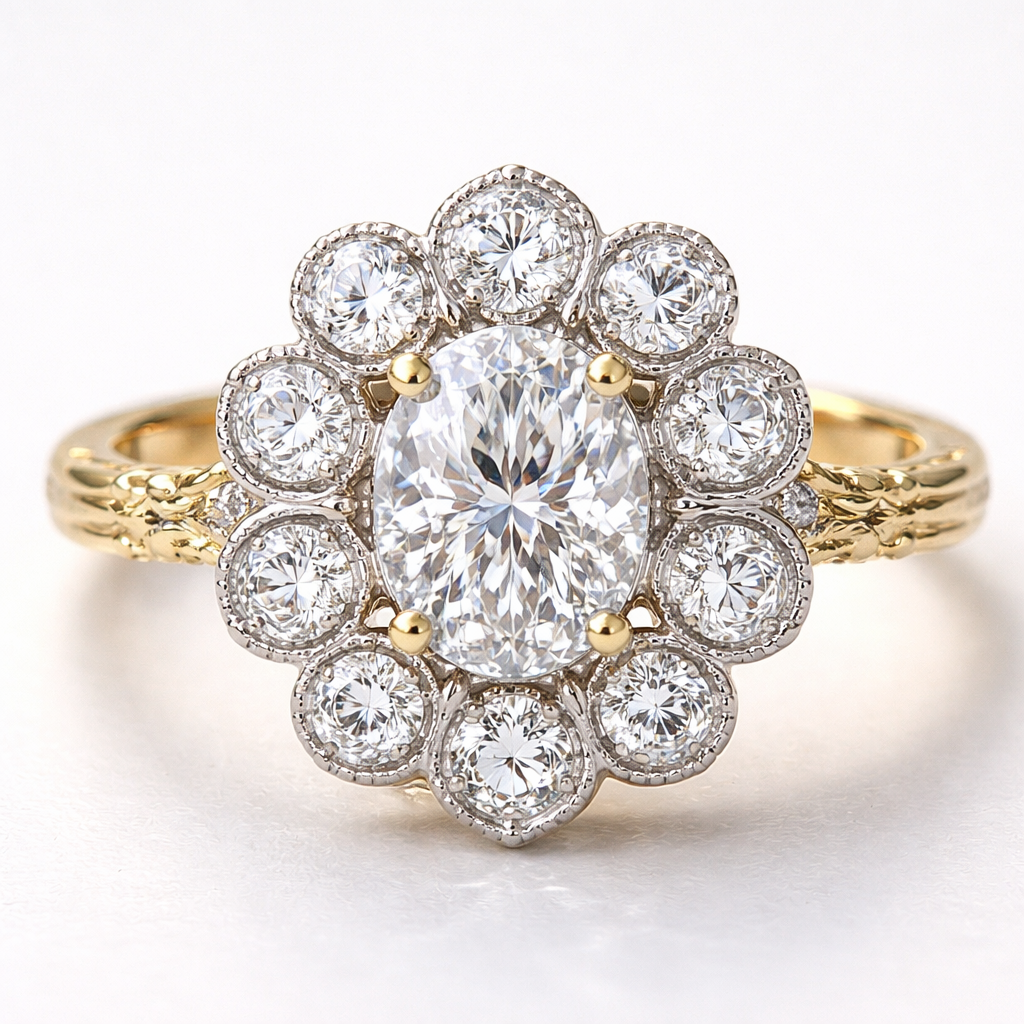 Create a flower style ring with a three-quarter carat oval center, stone and diamonds surrounding in a halo of individual diamonds, set the diamonds in platinum with a gold 14 karat yellow gold band