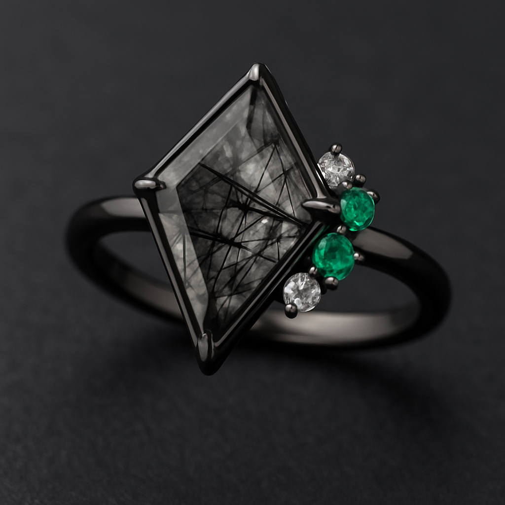 Kite cut Black rutilated quartz with emerald and moissanite accent stones in a cluster on a black band