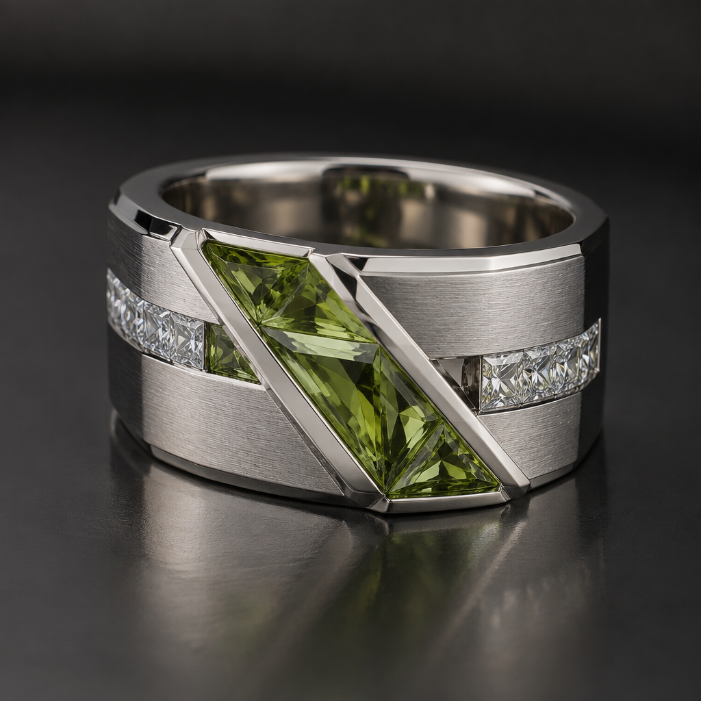 Make a men’s band that is unique, and creative.
It uses peridot and moissonite
photorealistic jewelry design, Make a men’s band that is unique, and creative.
It uses peridot and moissonite
, geometric style, just the design no text
