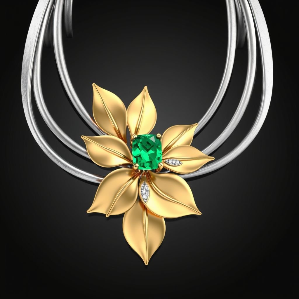 Necklace modern Modern Design a sleek, modern cuff bracelet featuring asymmetrical angles and a polished finish. Use a combination of brushed matte silver and high-shine gold accents for contrast. Incorporate a single, oval-cut gemstone-perhaps a striking emerald-set at an unconventional angle, creating a bold focal point that exudes contemporary elegance and sophistication.