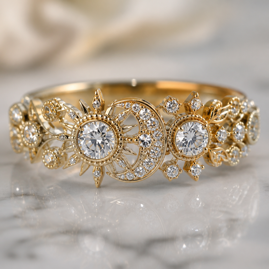Can you create a feminine diamond ring for a wedding ring stackable yellow, 14 carat gold
design with sun and moon theme
1ct diamond
1 0.50ct diamond
6 0.25ct diamonds
20 0.1ct diamonds
30 0.05ct diamonds
photorealistic jewelry design, Can you create a feminine diamond ring for a wedding ring stackable yellow, 14 carat gold
design with sun and moon theme
1ct diamond
1 0.50ct diamond
6 0.25ct diamonds
20 0.1ct diamonds
30 0.05ct diamonds
, victorian style, just the design no text