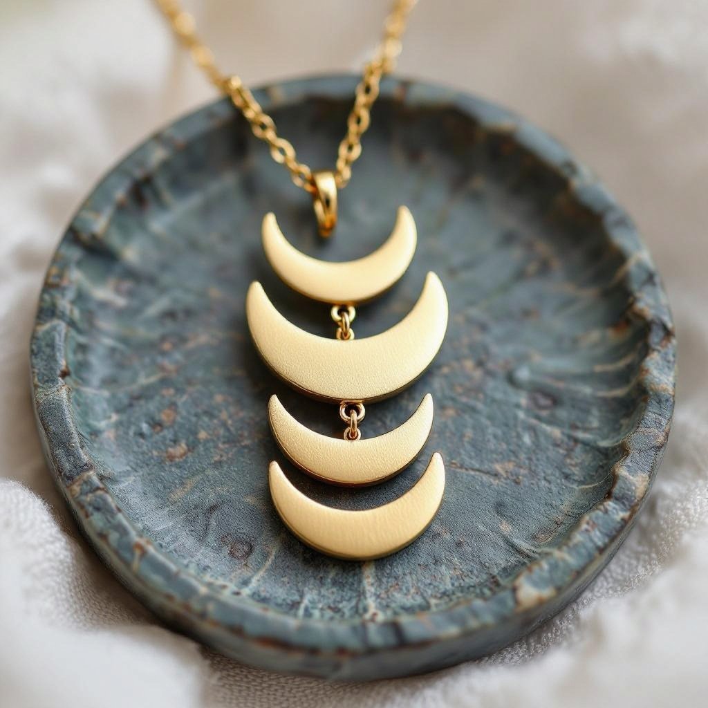 Подвеска из трех полумесяцев из матового неровного светлого золота с узорами соединенных цепочкой сверху самый широкий полукруг дальше средний и снизу самый маленький