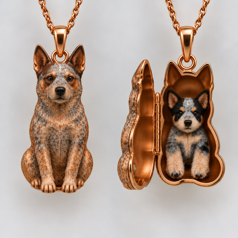Make the outside a sculpture of a copper Australian cattle dog
edit the attached jewelry design with these instructions: Make the outside a sculpture of a copper Australian cattle dog. keep it photorealistic, just the design no text