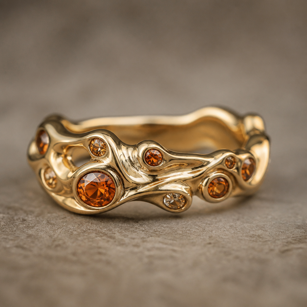 Burnt orange mini diamonds with funky gold band
photorealistic jewelry design, Burnt orange mini diamonds with funky gold band , avant_garde style, just the design no text