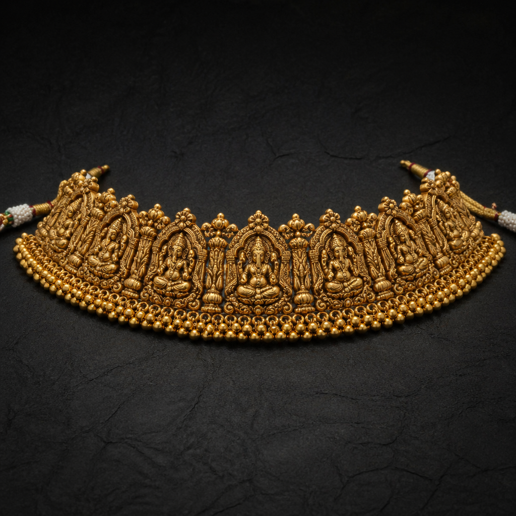 I need a temple look choker with ganapati and small beads on the bottom fully covering, the look should be minimal and unique
photorealistic jewelry design, I need a temple look choker with ganapati and small beads on the bottom fully covering, the look should be minimal and unique
, minimalist style, just the design no text