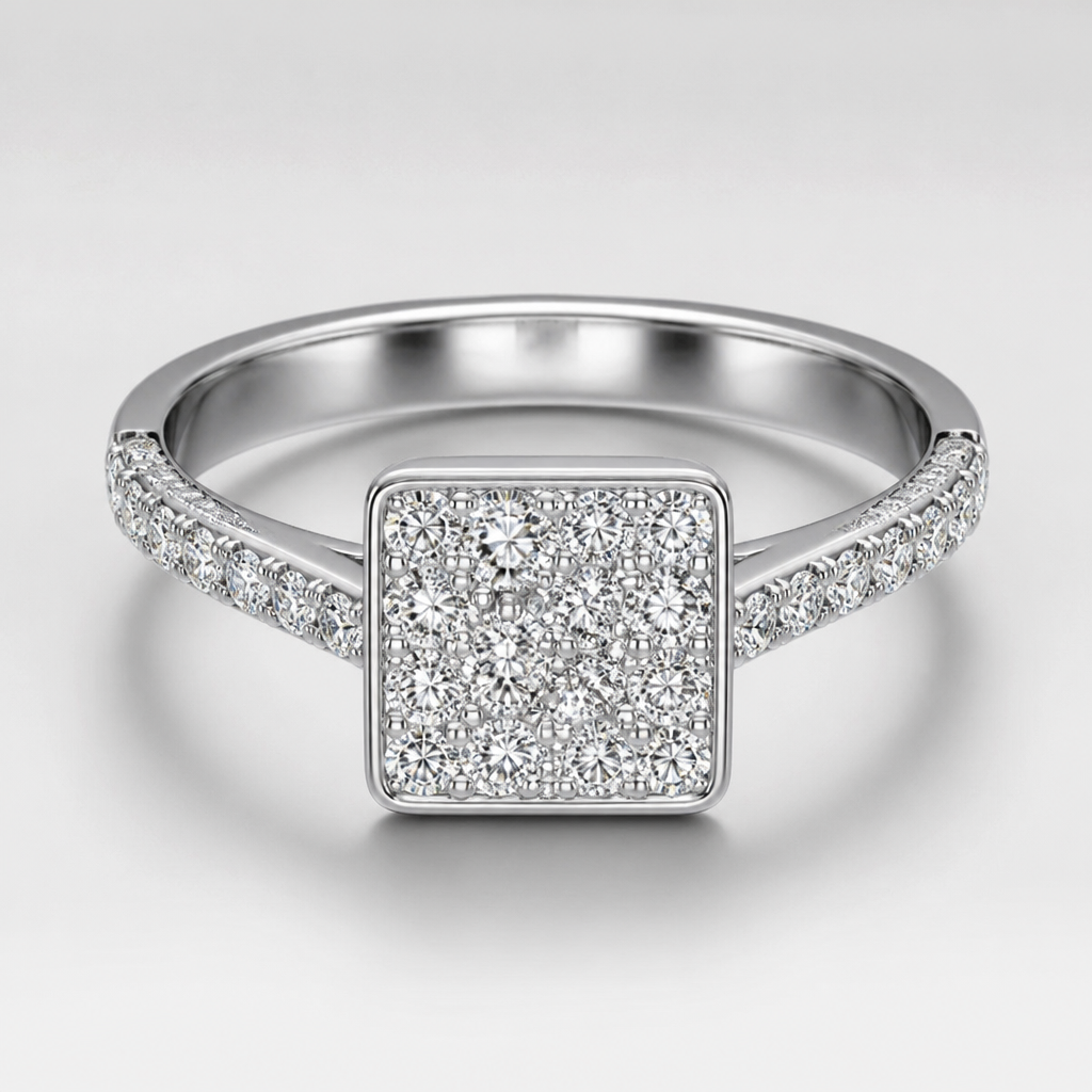 A women's ring made of silver with diamond stones. Bague avec un carré dans le milieu simple completement avec des diamands
photorealistic jewelry design, A women's ring made of silver with diamond stones. Bague avec un carré dans le milieu simple completement avec des diamands, modern style, just the design no text
