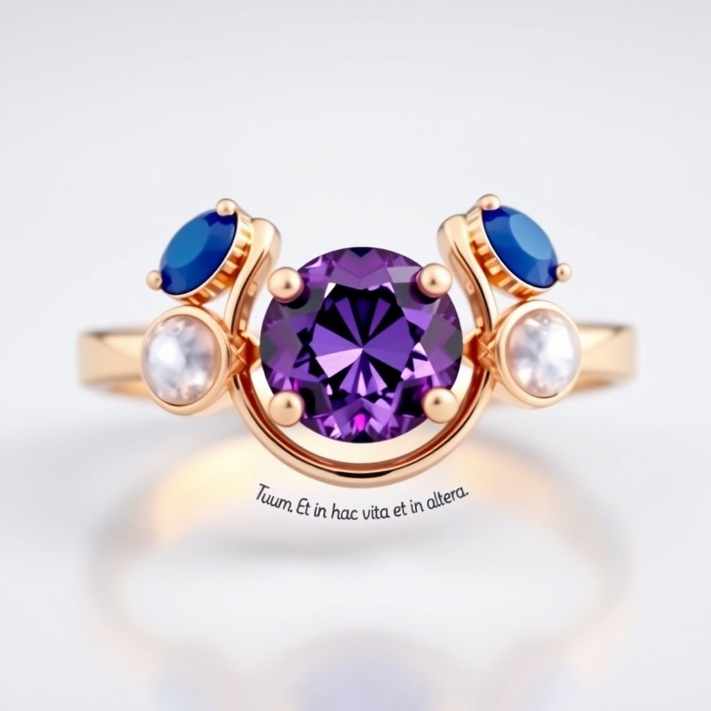 A simple, three stone 18 karat rose gold engagement ring set with a circular purple alexandrite. Also set with a small half circle blue chalcedony on one side right next to it, and a small half circle moonstone set on the other side right next to it. On the inside of the band, it has an inscription reading, “Tuum. Et in hac vita et in altera.”