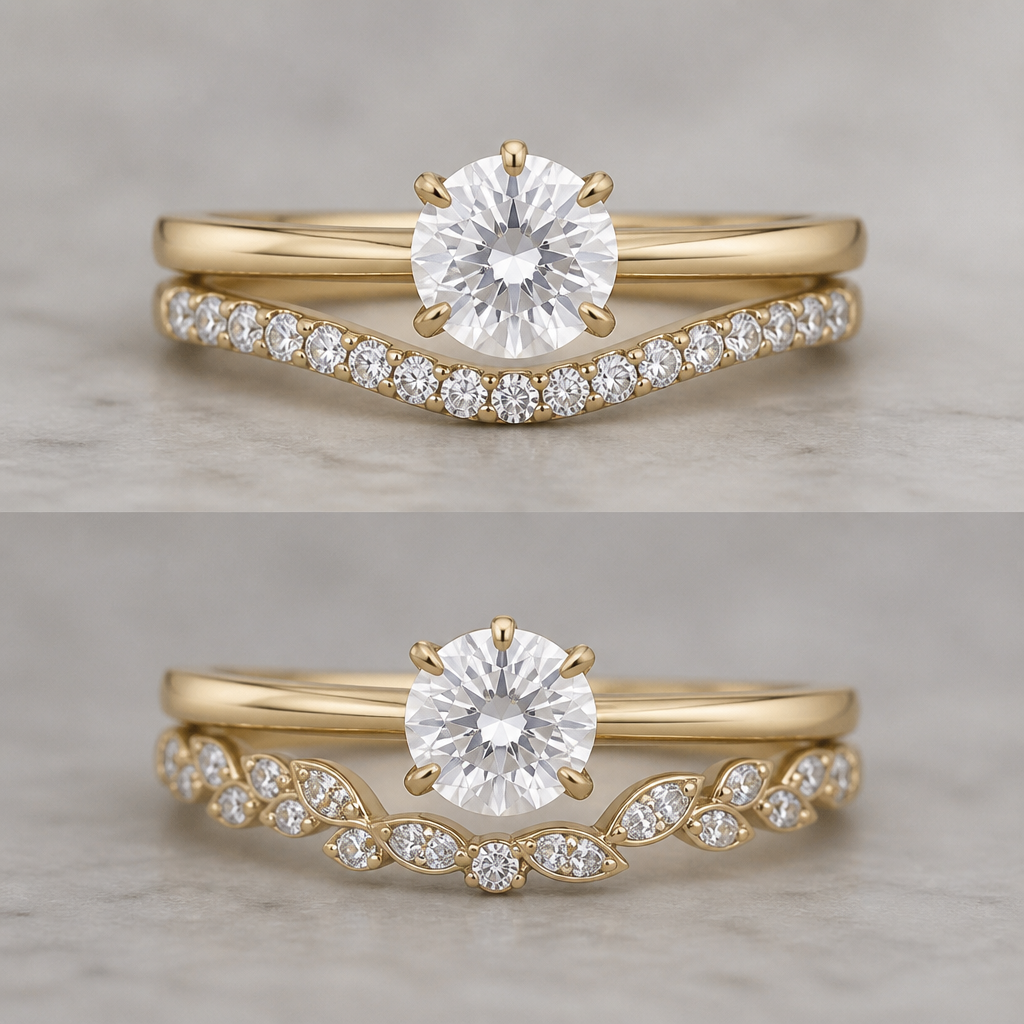. Refinement: make the top ring the same as the original image. give a slight angle to the bottom ring to match the curve of the engagement ring. make another idea
photorealistic jewelry design, . Refinement: make the top ring the same as the original image. give a slight angle to the bottom ring to match the curve of the engagement ring. make another idea, just the design no text