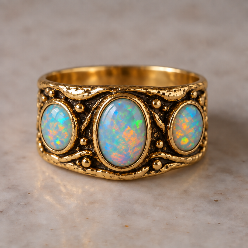 Restyled: make opals oval shape and all 3 same size
Restyle the jewelry piece in the image: make opals oval shape and all 3 same size. Keep the overall design and composition unless instructed otherwise. Photorealistic jewelry photograph, no text.