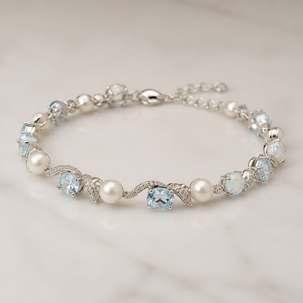 A modern women's bracelet made of white gold with pearl and aquamarine and opal stones suitable for daily wear