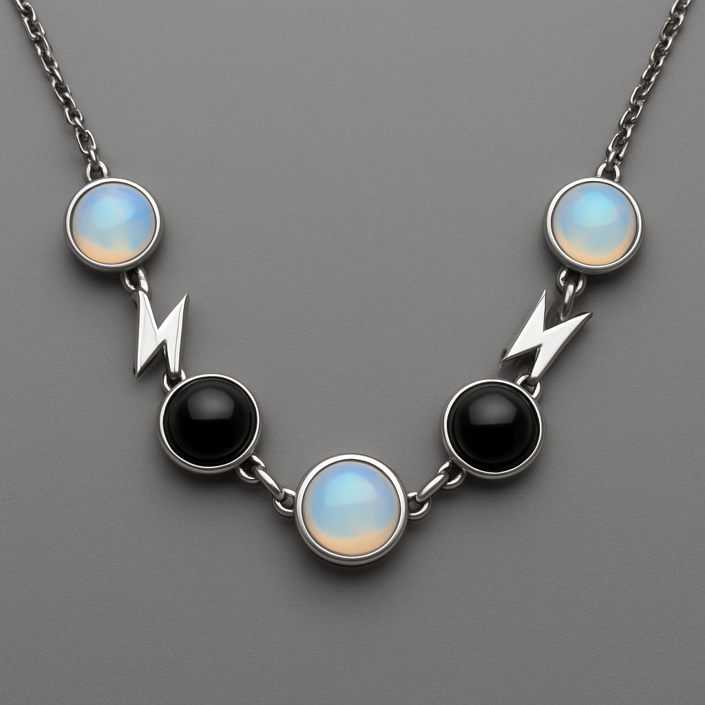 Opalite and onyx collar linked with white gold lightening bolts