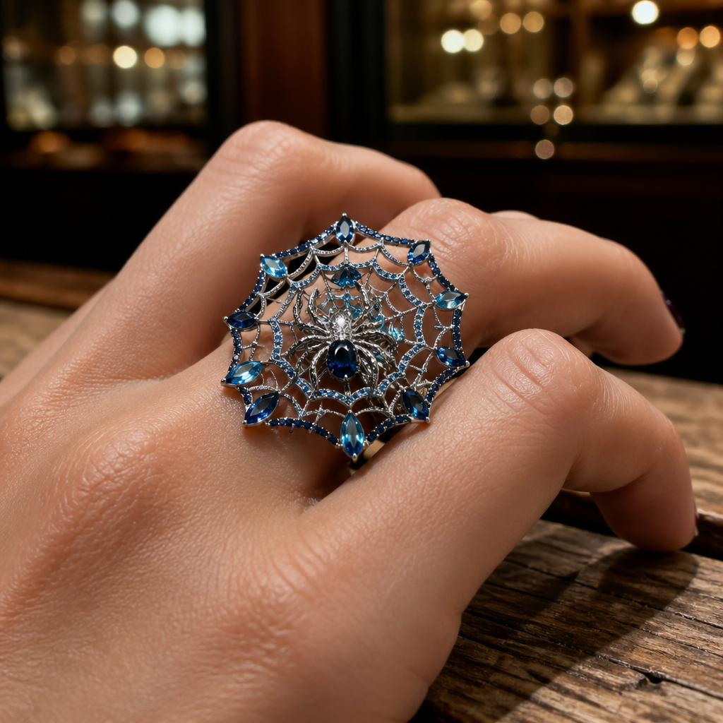 A women's ring. An intricately designed cocktail ring, shaped like a sprawling spiderweb crafted from polished white gold. The web structure itself features a gradient effect, shifting from a deep sapphire blue at the outer edges to a delicate sky blue towards the center where a sculpted white gold spider rests. The main, concentric web lines are paved with tiny, sparkling round-cut natural blue sapphires. Interspersed within the radial threads and especially along the outer curve are larger, faceted Marquise-cut natural aquamarine gemstones, varying in shade from pale blue to vibrant teal, mimicking dew drops. A prominent, cushion-cut natural dark blue sapphire is set at the core of the web, under the spider. The ring is worn on the index finger of an elegant hand, which has subtle skin texture and is posed naturally on a weathered oak wood surface. Soft, directional natural light from a window highlights the brilliant facets of the sapphires and aquamarines, and the polished metal texture. The background is a softly blurred, warm interior of a luxury jewelry boutique, creating a sophisticated bokeh. The focus is critically sharp on the ring. The photograph has a refined, editorial feel. Close-up shot.
photorealistic jewelry design, A women's ring. An intricately designed cocktail ring, shaped like a sprawling spiderweb crafted from polished white gold. The web structure itself features a gradient effect, shifting from a deep sapphire blue at the outer edges to a delicate sky blue towards the center where a sculpted white gold spider rests. The main, concentric web lines are paved with tiny, sparkling round-cut natural blue sapphires. Interspersed within the radial threads and especially along the outer curve are larger, faceted Marquise-cut natural aquamarine gemstones, varying in shade from pale blue to vibrant teal, mimicking dew drops. A prominent, cushion-cut natural dark blue sapphire is set at the core of the web, under the spider. The ring is worn on the index finger of an elegant hand, which has subtle skin texture and is posed naturally on a weathered oak wood surface. Soft, directional natural light from a window highlights the brilliant facets of the sapphires and aquamarines, and the polished metal texture. The background is a softly blurred, warm interior of a luxury jewelry boutique, creating a sophisticated bokeh. The focus is critically sharp on the ring. The photograph has a refined, editorial feel. Close-up shot., modern style, just the design no text