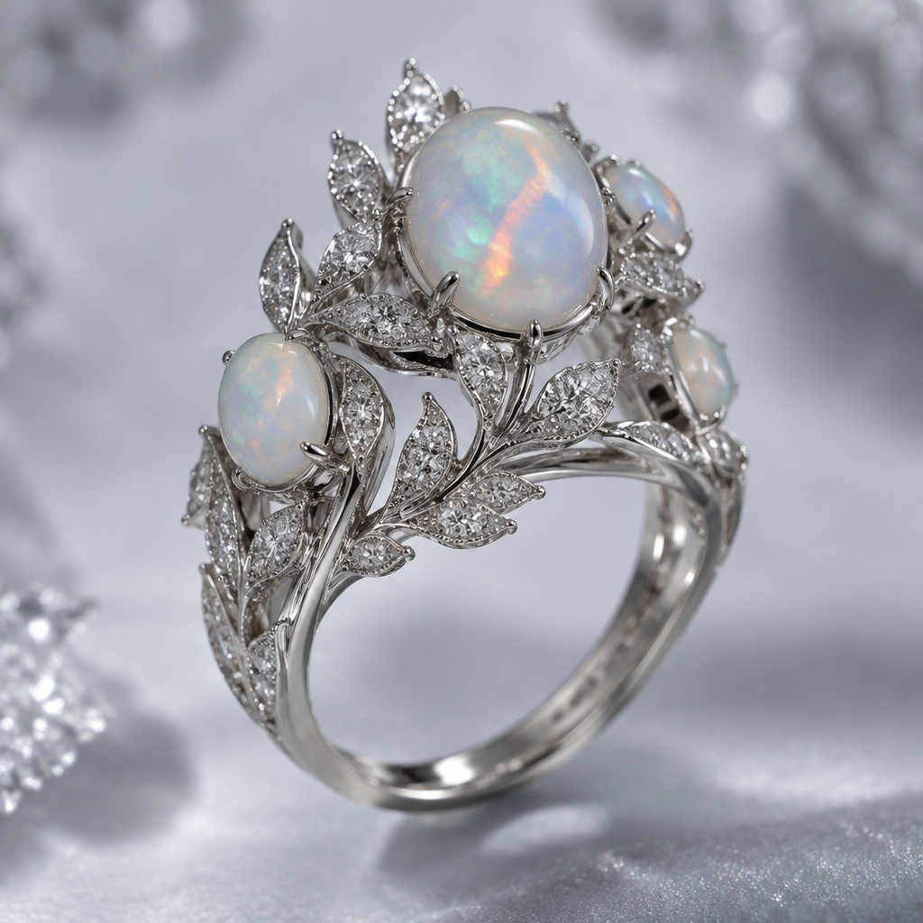 A women's ring made of white gold with opal stones suitable for formal, highly ornate, intricate and elaborate, richly detailed. Quero uma joia formal para representar minha coleção de inverno
photorealistic jewelry design, A women's ring made of white gold with opal stones suitable for formal, highly ornate, intricate and elaborate, richly detailed. Quero uma joia formal para representar minha coleção de inverno, modern style, just the design no text