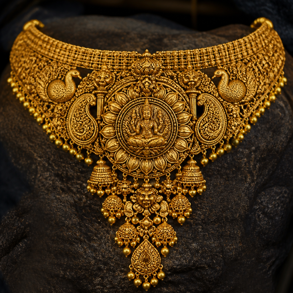 Create a one-of-a-kind 22K pure gold necklace for Kumbhare Jewellers, inspired by a rural Maharashtrian goddess. A grand central goddess medallion surrounded by lotus petals, traditional paisley motifs, temple pillars, peacocks, and hanging gold beads. Rich antique gold finish with deep handcrafted carvings, inspired by centuries-old village temple ornaments. Luxurious, divine, powerful, and exclusive, suitable for bridal wear and festive occasions. Hyper-realistic 4K luxury jewelry photography.”
photorealistic jewelry design, Create a one-of-a-kind 22K pure gold necklace for Kumbhare Jewellers, inspired by a rural Maharashtrian goddess. A grand central goddess medallion surrounded by lotus petals, traditional paisley motifs, temple pillars, peacocks, and hanging gold beads. Rich antique gold finish with deep handcrafted carvings, inspired by centuries-old village temple ornaments. Luxurious, divine, powerful, and exclusive, suitable for bridal wear and festive occasions. Hyper-realistic 4K luxury jewelry photography.”, byzantine style, just the design no text