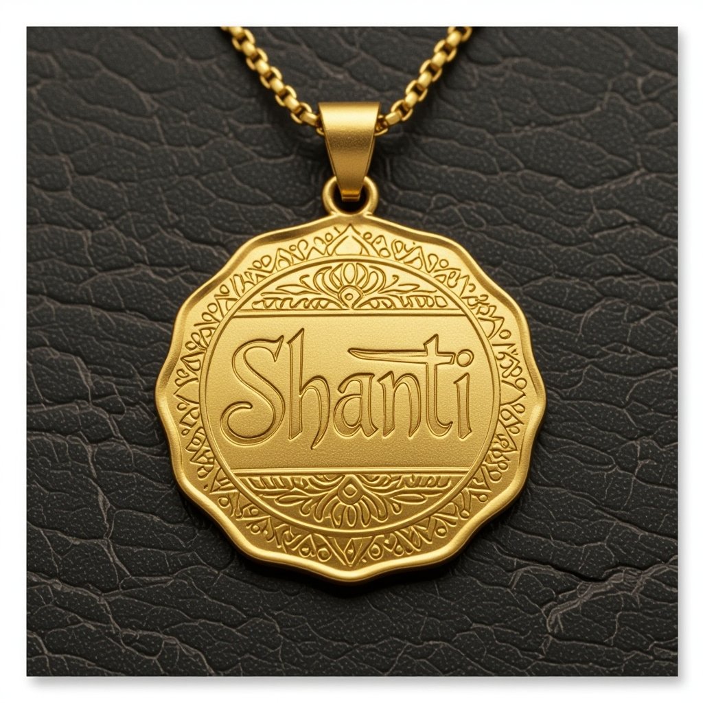 Золотой матовый медальон похожий на мятую монету с неровными краями. Надпись изящная с наклоном Shanti. Узоры вокруг надписи 