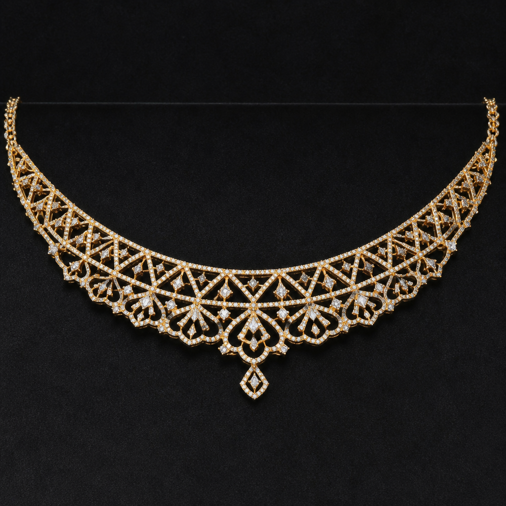 A geometric women's necklace made of gold with diamond stones. A choker neclace with lace touch
photorealistic jewelry design, A geometric women's necklace made of gold with diamond stones. A choker neclace with lace touch, geometric style, just the design no text